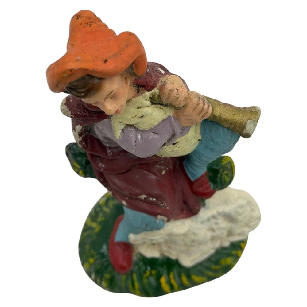 Vintage Nativity Shepherd Figurine‎ Playing Horn with Sheep Hand-Painted
